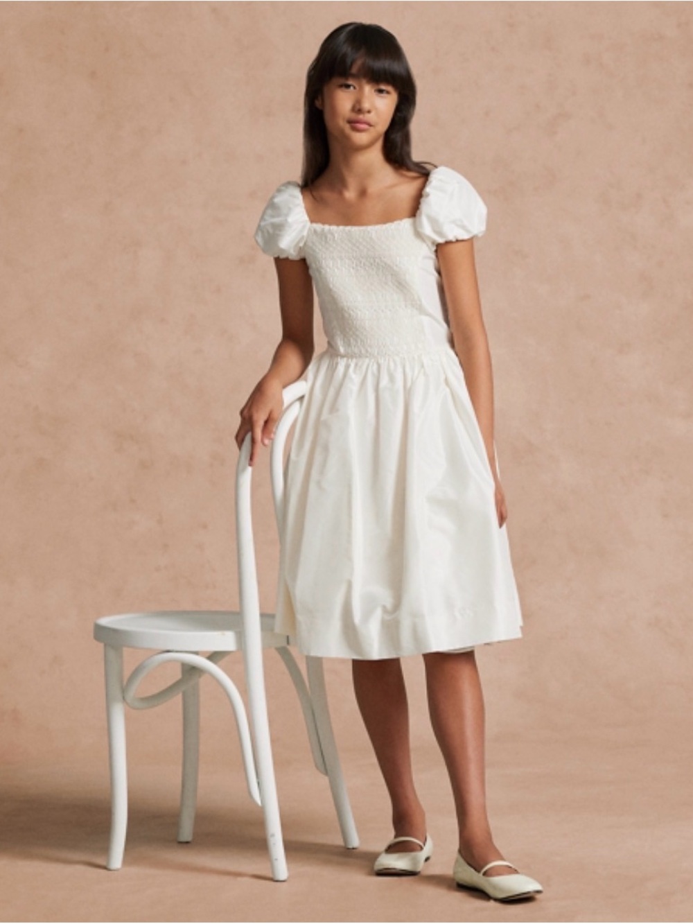Copper Key White Smocked Bodice Midi Dress with Puff Sleeves